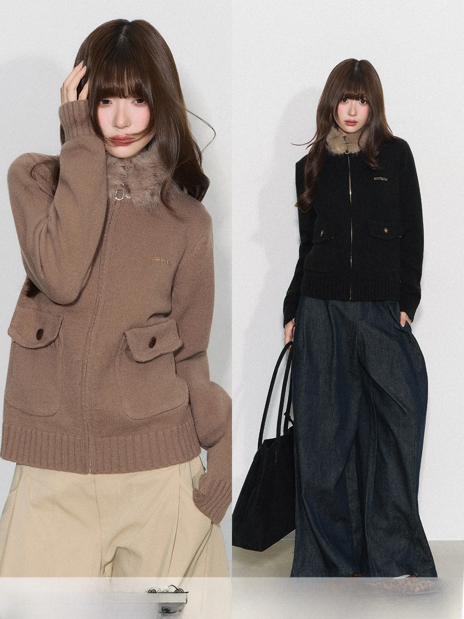 

CyNi вязаный длинный кардиган на молнии, женское облегающее пальто с большим меховым воротником, милая зимняя верхняя одежда для женщин