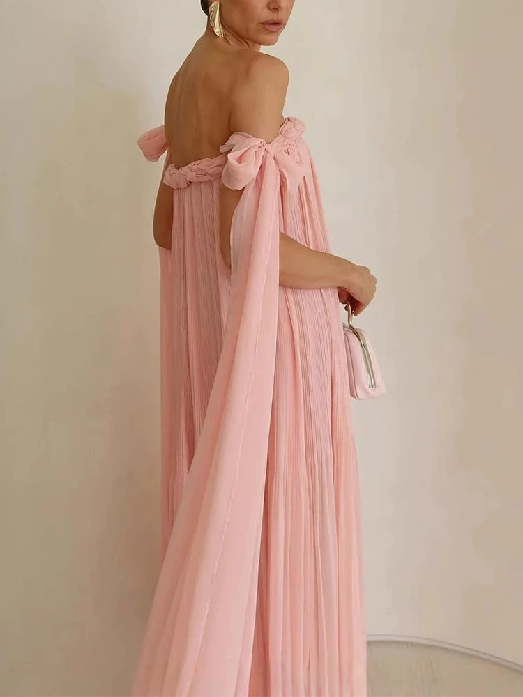 

Однотонное женское макси-платье для отпуска, модное шифоновое платье на одно плечо, свободного кроя, для вечеринок, летнее, новое, с завышенной талией, с лентами, для банкетов