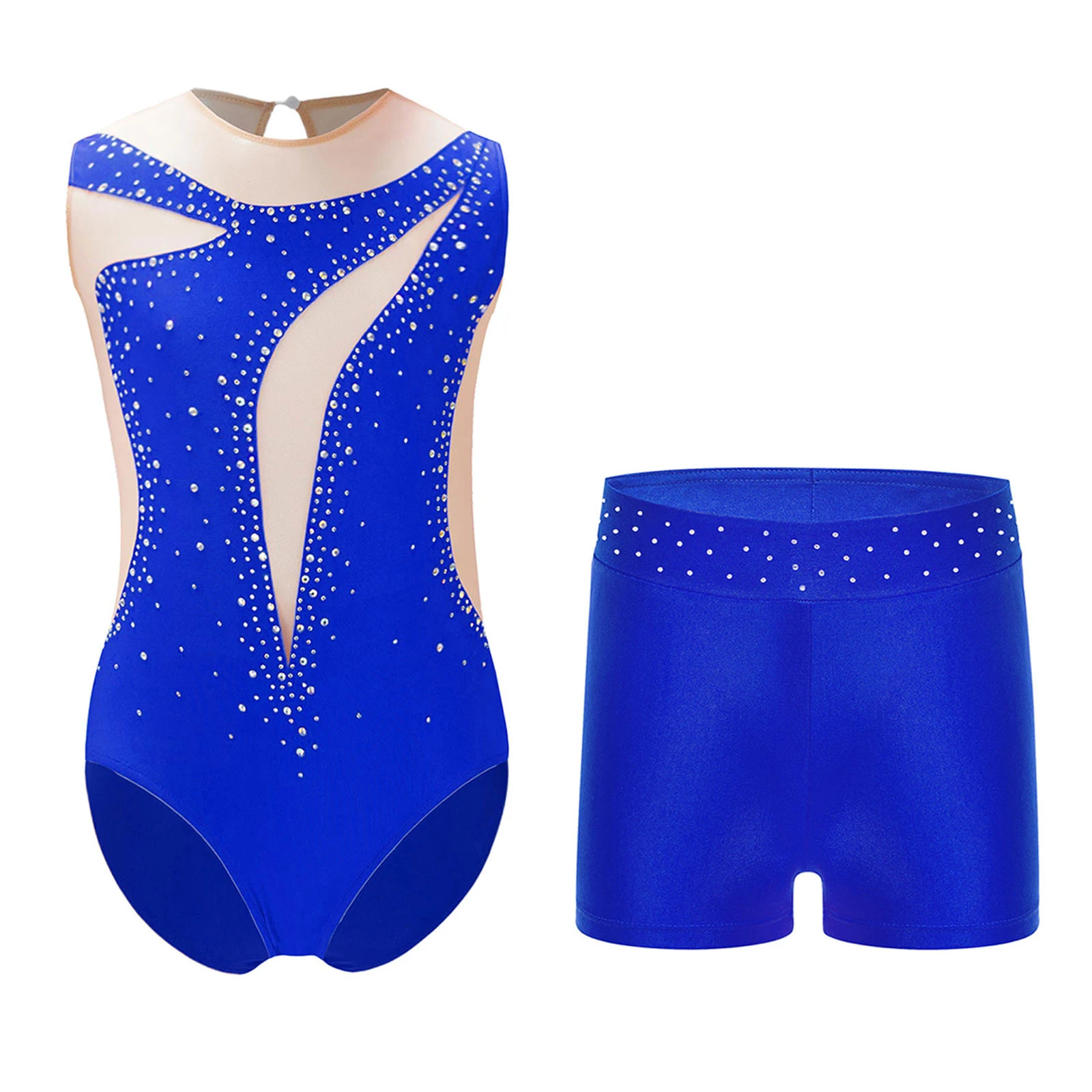 

Kids Girls Ballet Figure Skating Gymnastics Outfit Swimsuit Sheer Mesh Leotard with Rhinestones Waistband Shorts Performance Set
