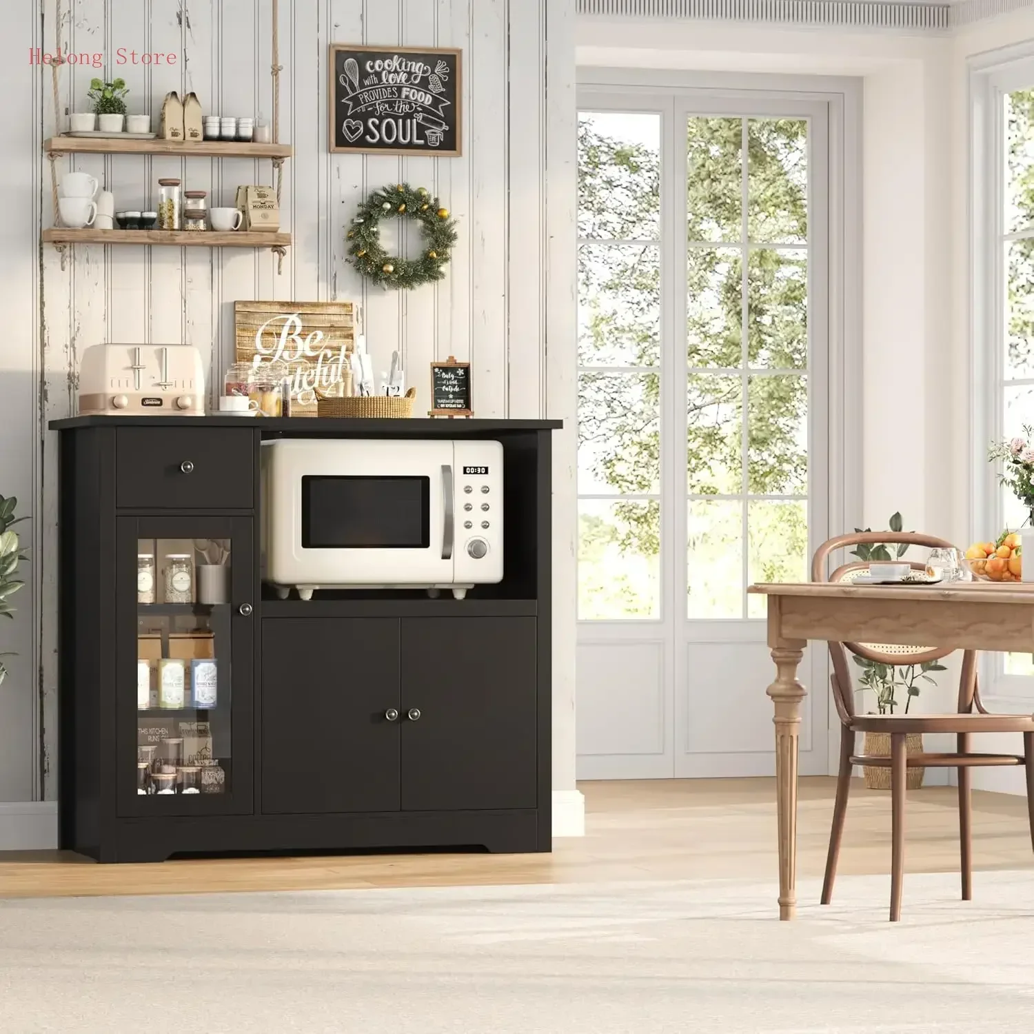 [XMSJ]Microwave Cabinet, Kitchen Storage Cabinet with 3 Doors and 1 Drawer, Buffet Sideboard with Adjustable Shelves, Microwave