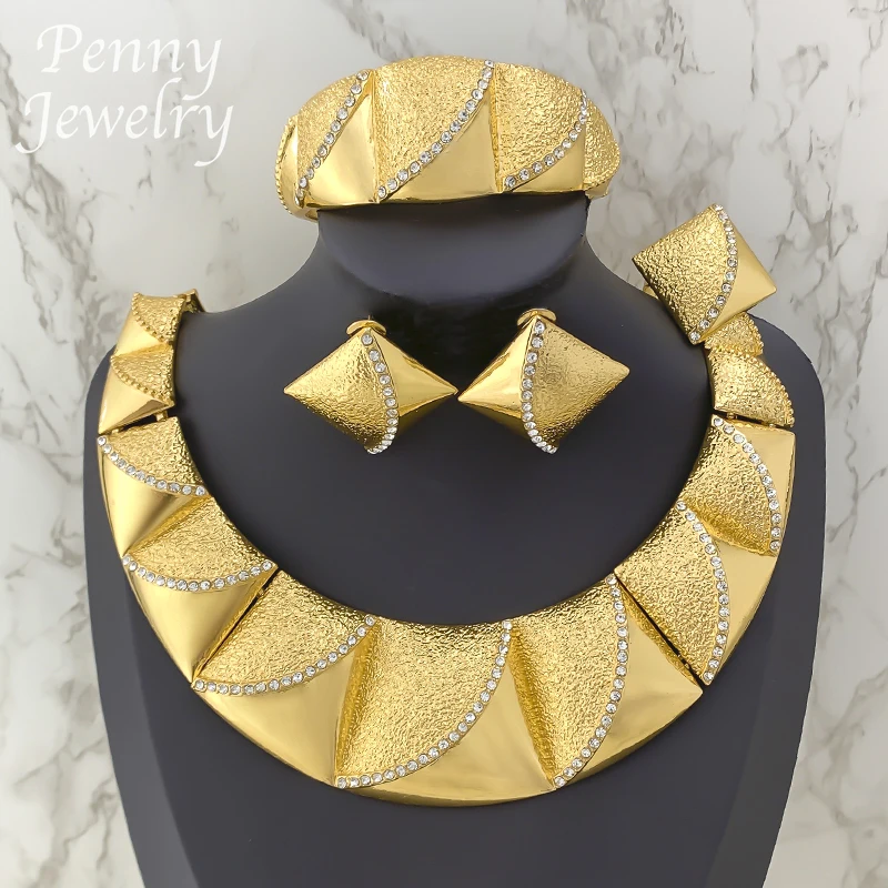 

Textured Big Size Choker Gold Plated Jewelry Set Round Collar Necklace Drop Earrings Bracelet Ring Bridal Wedding Party Gifts