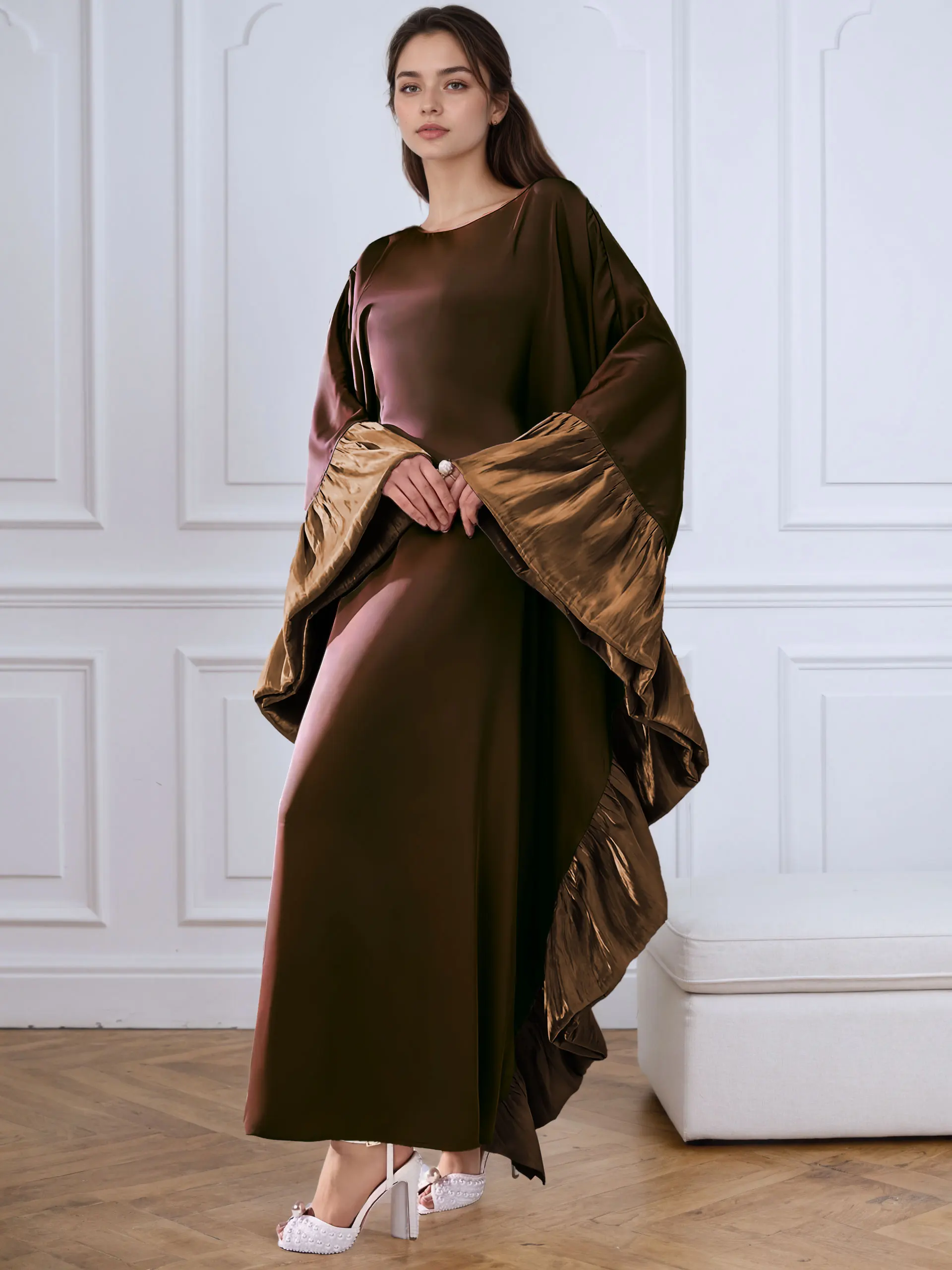 

Stylish Brown Satin Abaya with Ruffled Sleeve Trendy Islamic Clothing for Women Ideal for Middle East Fashion Daily and Occasion