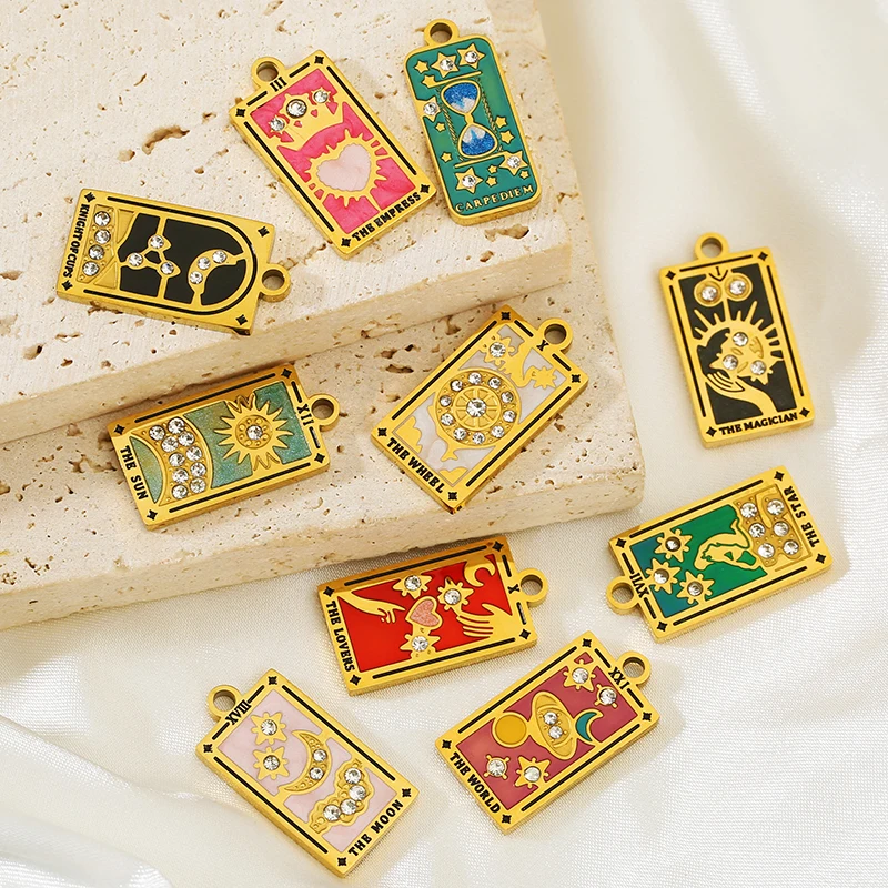 2pcs Stainless Steel Enamel Knight Magician Star Moon Sun Charms Tarot Cards Pendant for Women Earring Necklace Jewelry Making