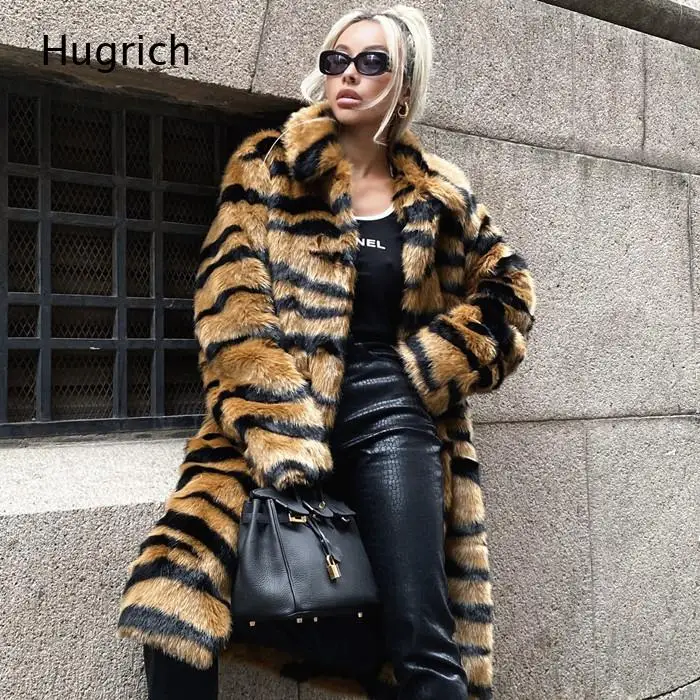 Trendy Women Zebra Pattern Faux Fur Long Coat Wide Collar Long Sleeve Oversized Street Style Cold Weather Outerwear