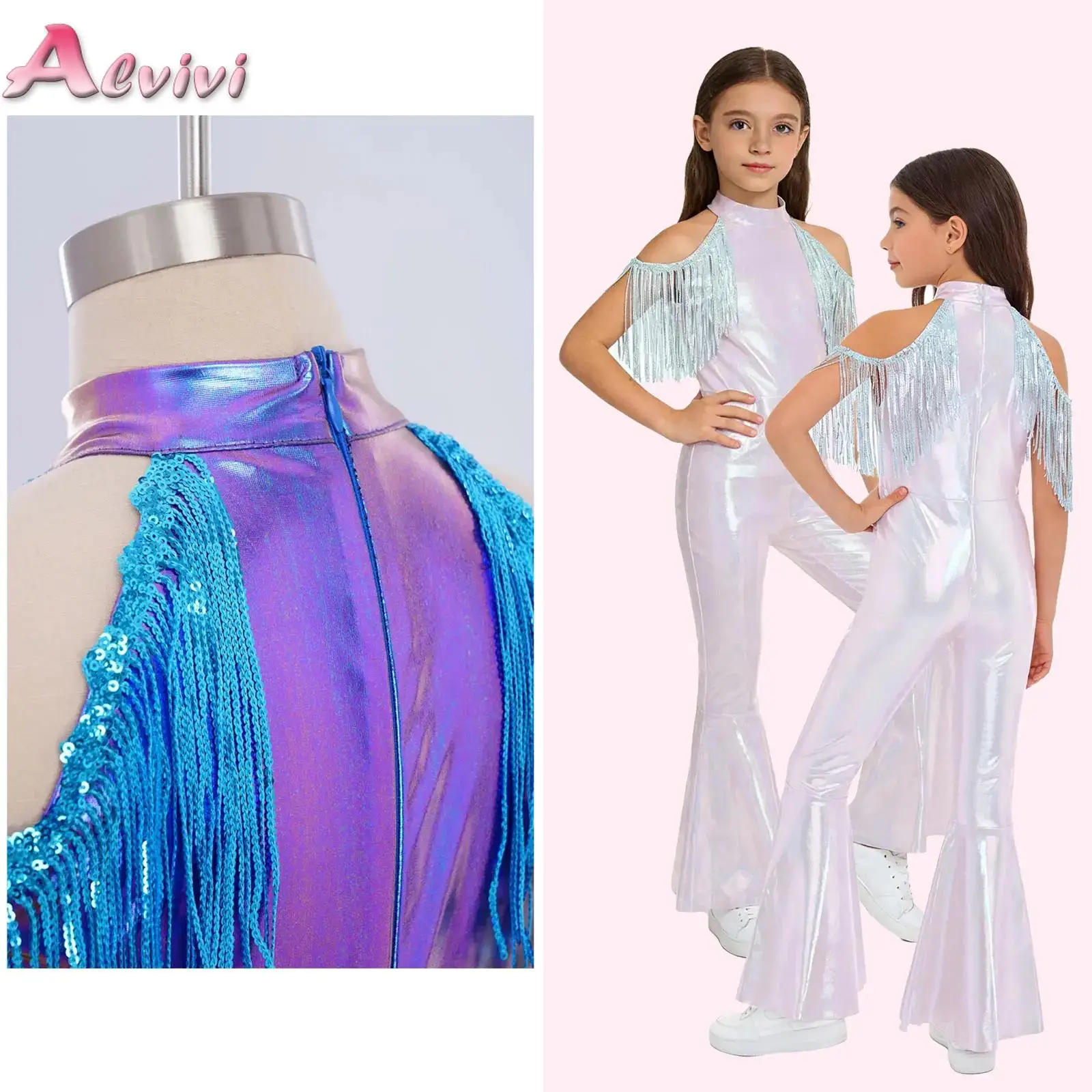 

Kids Girls Cold Shoulder Sequined Tassel Jumpsuit Bell-Bottom Shiny Bodysuit for Disco Hippie Jazz Stage Performance Theme Party