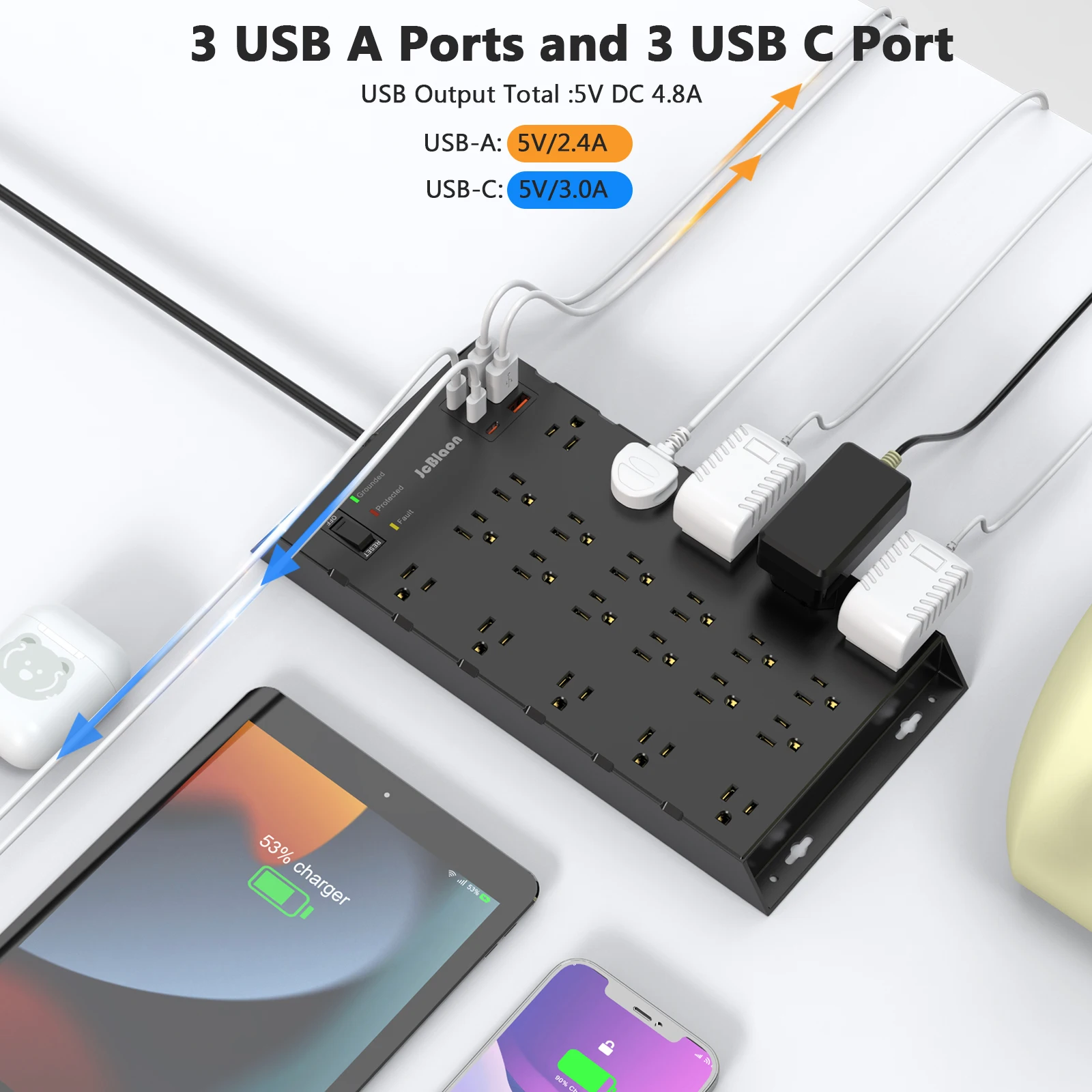 US Plug Power Strip with 22 AC Outlets Extender 6 USB Ports, 6.56ft/2M Extension cord,Home Office Surge Protector Network Filter