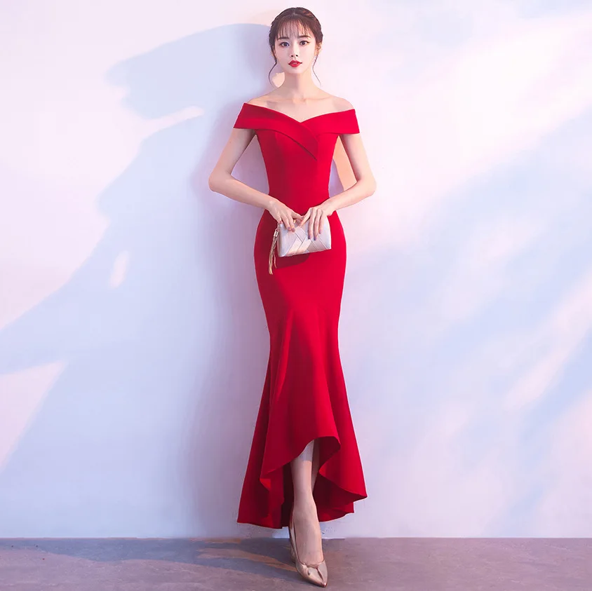 

Sexy Ruched V-neck Off Shoulder Fishtail Long Formal Evening Dress