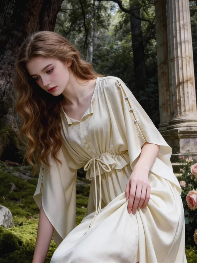 84-94cm Bust SpringSummer Maxi Dresses For Women Vintage Greek Goddess Elegant Slim Comfortable Silk Acetate Apricot Long  Dress