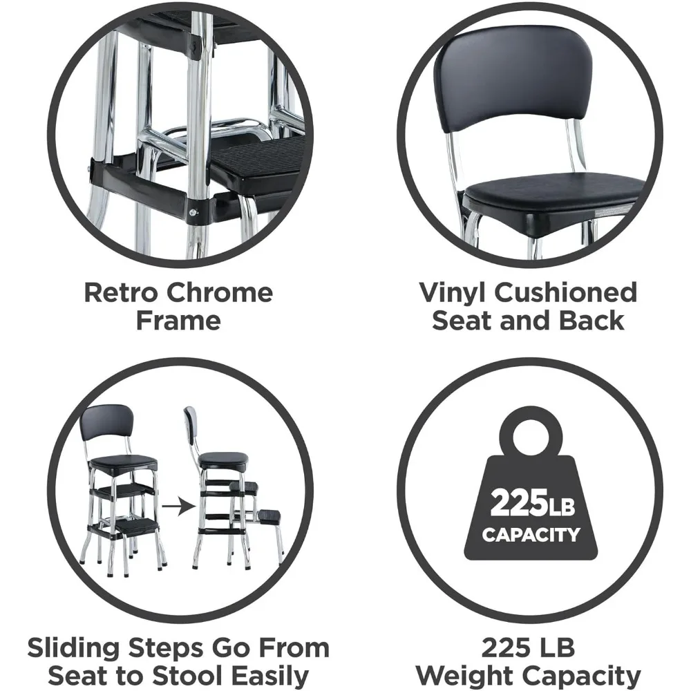 كرسي بارتفاع عداد أسود على الطراز العتيق ومقعد متدرج
