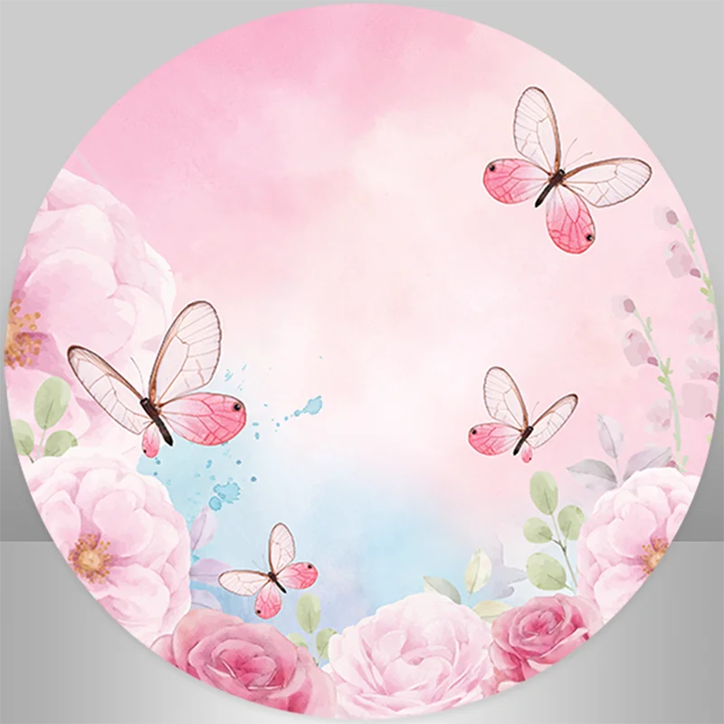 Pink Butterfly Birthday Circle Backdrops For Girl Party Decor Props Heart Floral Baby Shower Photo Photography Background