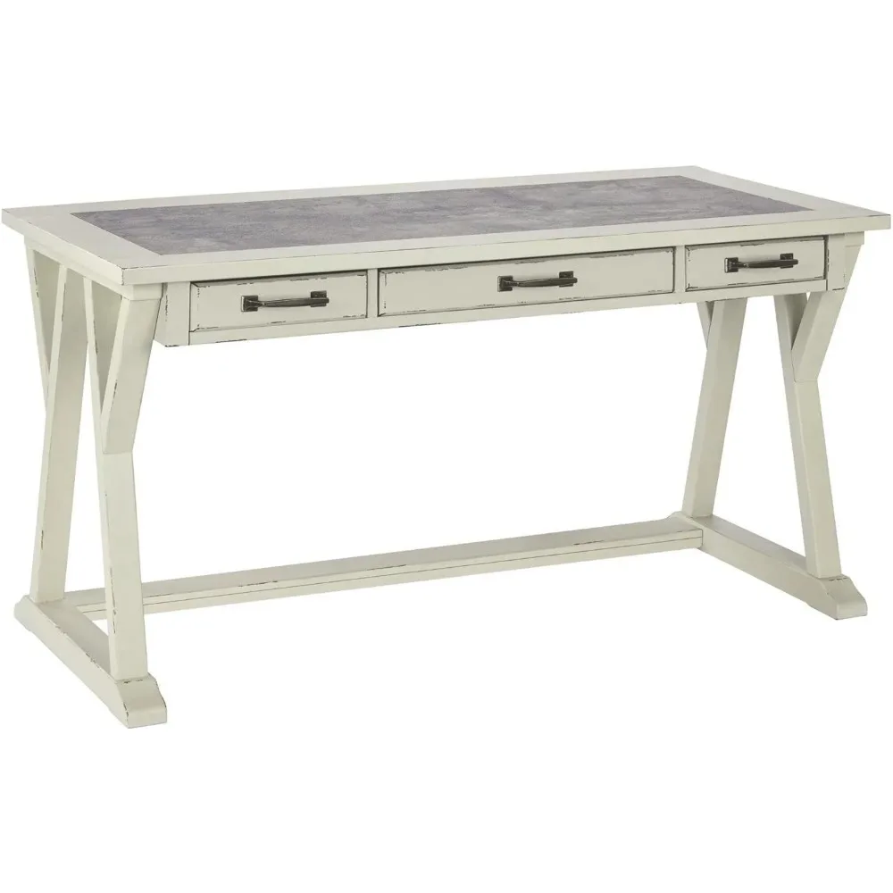 Jonileene Farmhouse Home Office Desk com gavetas, branco e cinza