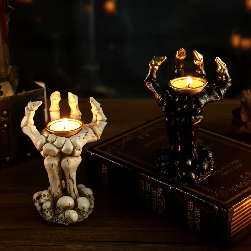 Modern Halloween Skull Mask Palm Candlestick Horror Room Escape Tabletop Decorative Resin Ornament