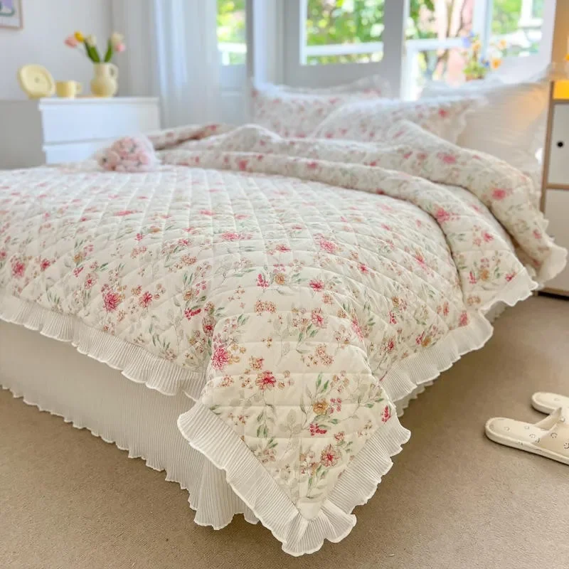 100%Cotton Premium Quality Soft Duvet Cover Bedspread Coverlet Pillow shams Diamond Quilted Floral Ruffled Comforter Cover set