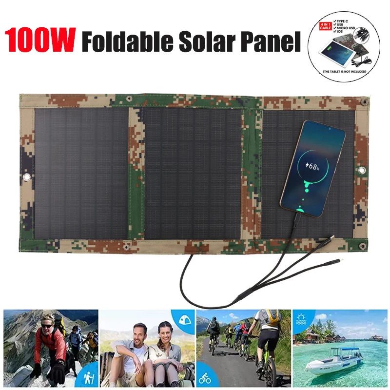 

Foldable 5V 100W Solar Panel Dual USB Outdoor Waterproof Solar Cell Charger Mobile Power Battery Charger With 4 in 1 Cable