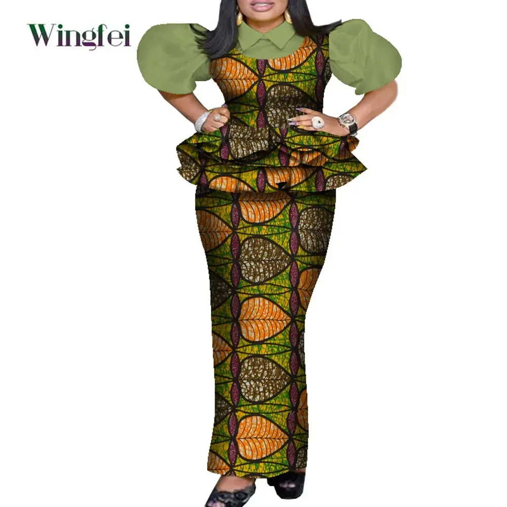 African Clothes for Women Fashion 2 Pieces Set Floral Print Pleat Top and Robe Skrit Dashiki Party Outfit Puff Sleeve WY8053