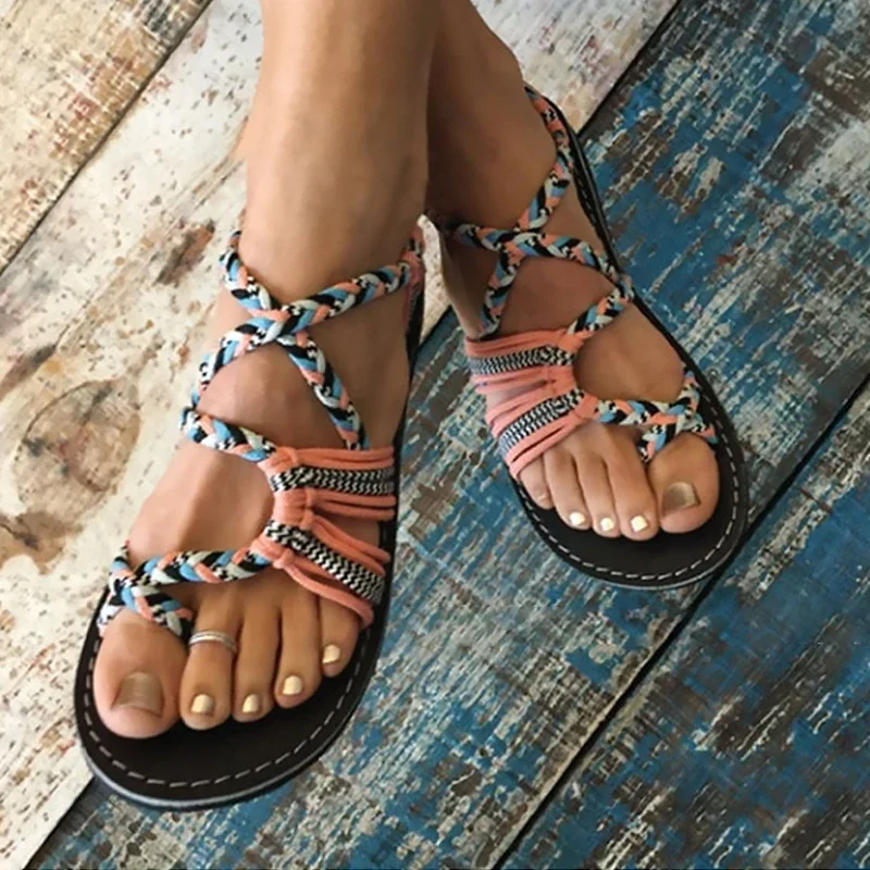 Women Summer Flip Flop Sandals Shoes Mixed Color Matching Rope Knot Beach Toe Roman Sandals Casual Comfortable Plus Size Shoes