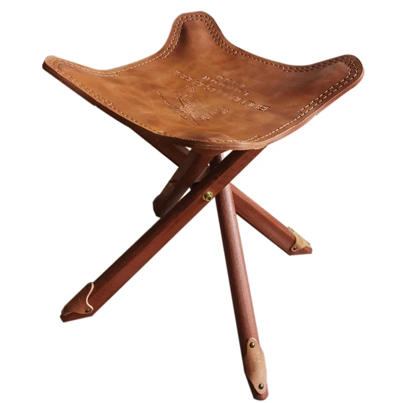 Vintage Folding Stool Ottoman Solid Wood Leather Footstool Portable Cowhide Shoe Changing Bench Comfortable Living Room Stool