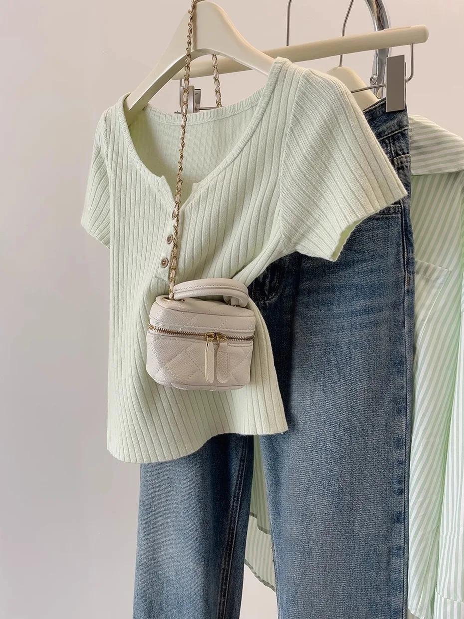 Ele V-Ne Ice Silk ort Sve تي شيرت المرأة الصيف رقيقة التخسيس اللون رداء علوي غير رسمي مريح للتنفس فضفاض صالح