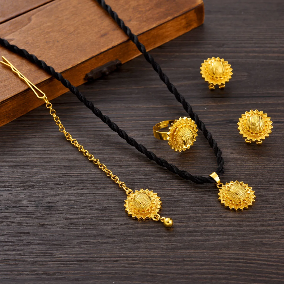 Golden Color Ethiopian Jewelry set Pendant Earrings Ring Head Chain 4-Piece Sets African Eritrean Wedding Engagement Gift #TZ099