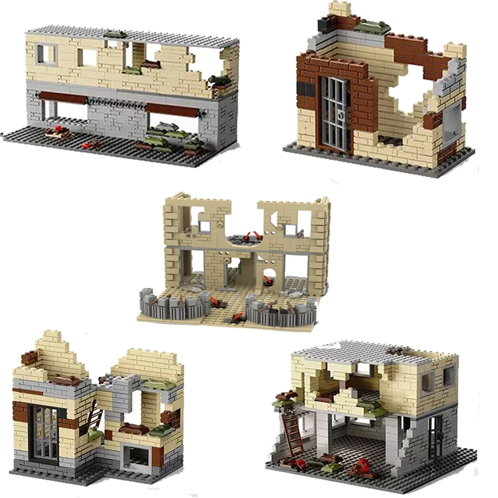 

Заброшенные рюшенные здания MOC, мировая война, военные базовые сцены, набор строительных блоков для дома, детали для армейских фигурок солдат, игрушки для мальчиков