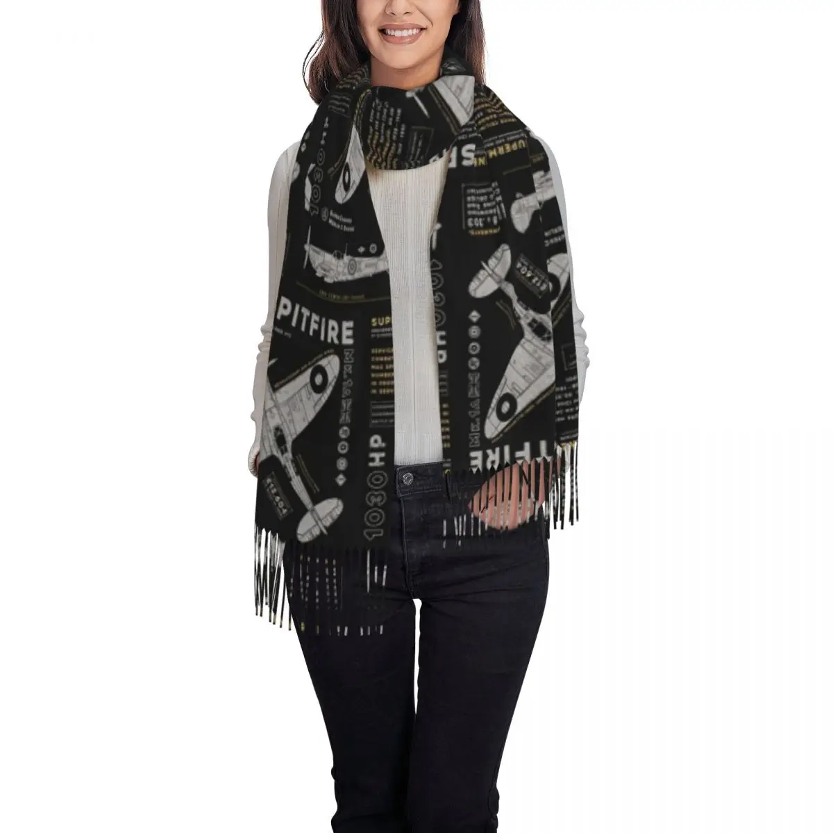 سوبر مارين Spitfire مقاتلة الطيار الطائرات طائرة وشاح شرابة الأوشحة النساء شالات ويلتف كبير الخريف الشتاء شال التفاف