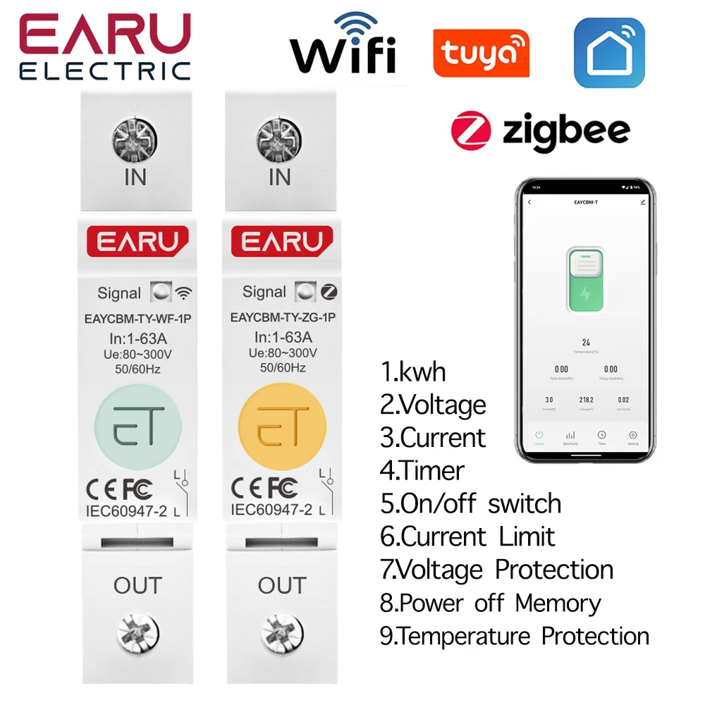 1P TUYA APP Zigbee WIFI Smart Energy Power Consumption kWh Meter Circuit Breaker Time Relay Switch Voltage Protection