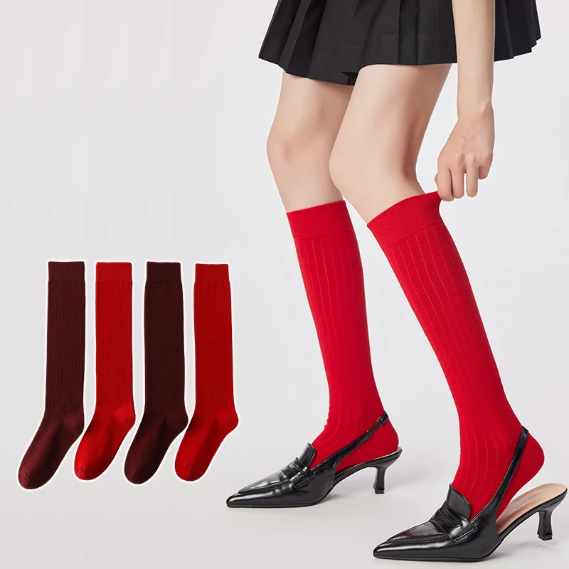 Women’s Spring Red Mid-Calf Socks Calf Stockings Youthfulness Fashionable Style Great for New Year Gifts and Birth Celebrations