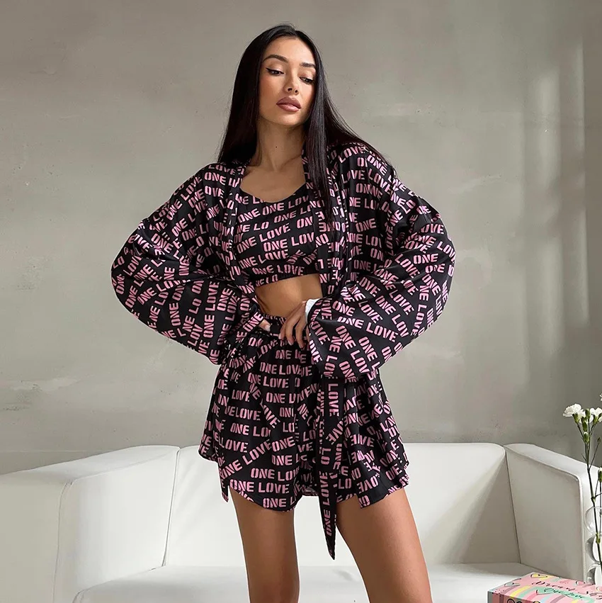 Casual Print Women's Pajamas 2023 Sexy Loose Pajamas For Women Lace-Up Long Sleeve Robes Shorts Set Female Sleepwear Home Suit