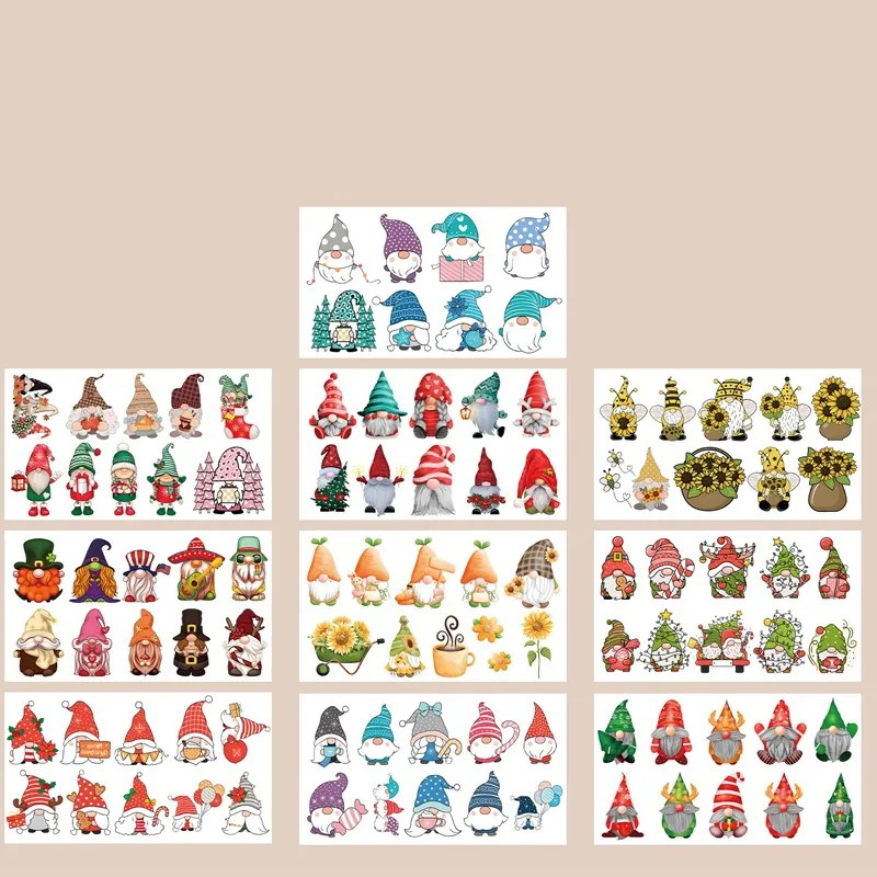 Disney Christmas anão Gnome tatuagem temporária adesivos, desenhos animados à prova d'água, Kids Party Gift, novo, 10pcs