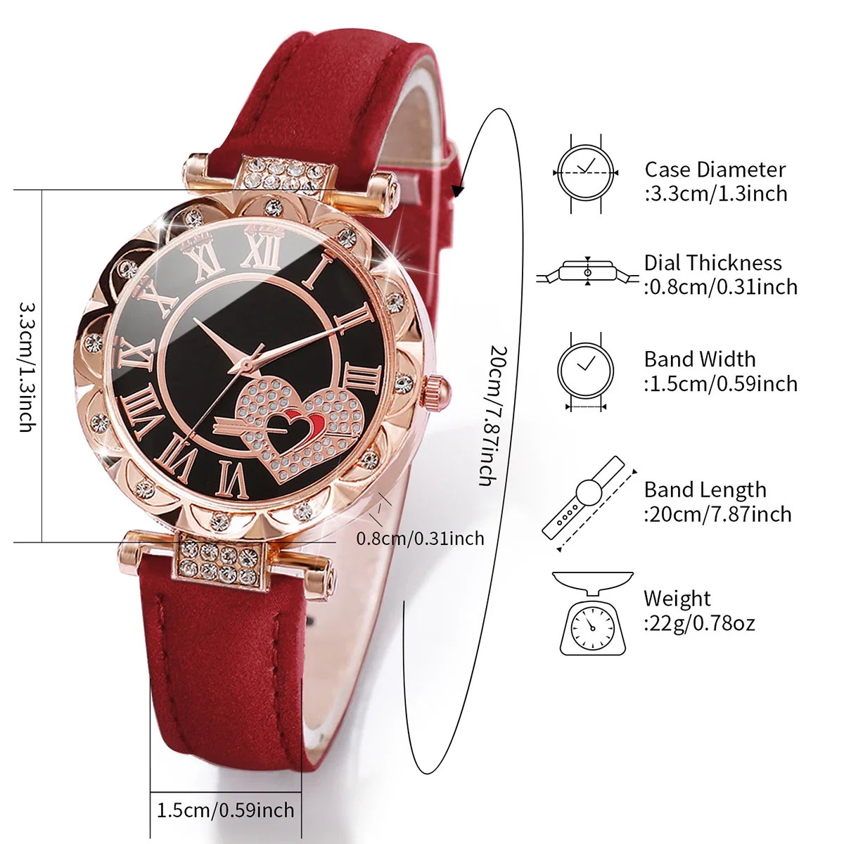 6PCS/Set Women's Watch Fashion Roma Heart Dial Leather Band Quartz Watches Leaf Bracelets Set(Without Box) - view 5