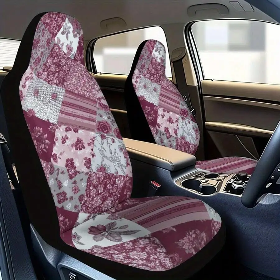 Red And White Diamond Pattern Car Seat Covers With Stars, Universal Fit For Driver And Passenger Seats, All Round Protection
