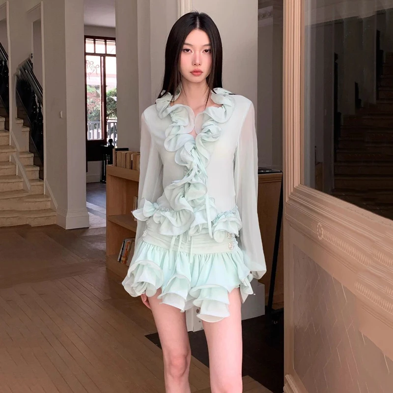 

Fashion Green 2 Piece Set Women's V-neck Ruffles Lace Up Shirt High Waist Mini Cake Skirt Suit Summer New