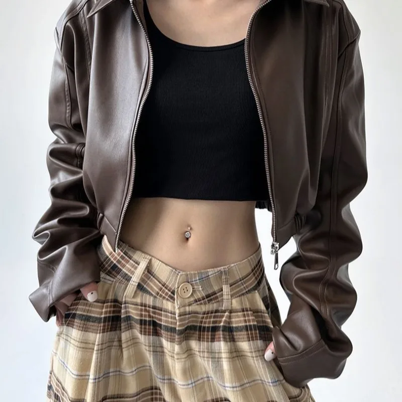 Y2k Women's Clothing Retro Long Sleeves Turn-down Collar Leather Jacket Coat Spring Autumn Sweet Cool Girl Jacket Short Top