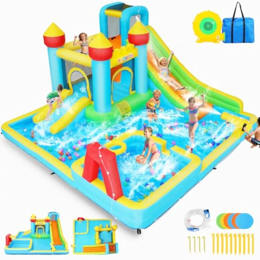 

Outdoor Inflatable Water Slide for with Blue PVC Material Dual Slides Deep Splash Pool Bounce Area Water Cannon and Basketball