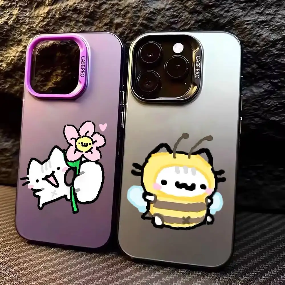 

Cute B-Basil L-Leaf Cat Cartoon Phone Case For iPhone17,16,15,14,13,12,11 Plus,Pro Max Colored Silver Plated Inside Cover