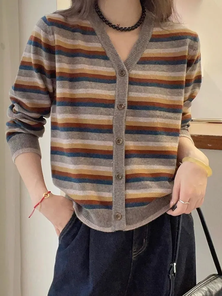

Корейский шерстяной вязаный кардиган в полоску с V-образным вырезом, удобная основа, антивозрастной топ для ленивого ботинга, модный для поездок на работу