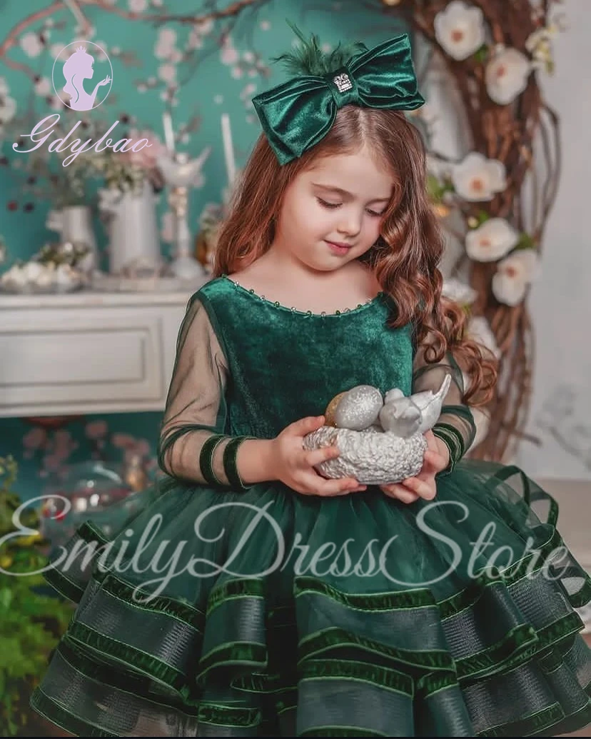 Vestido de flores de terciopelo verde personalizado para niña, hasta la rodilla vestido de boda, volantes de satén hinchados, cumpleaños de niños, vestido de baile de primera comunión