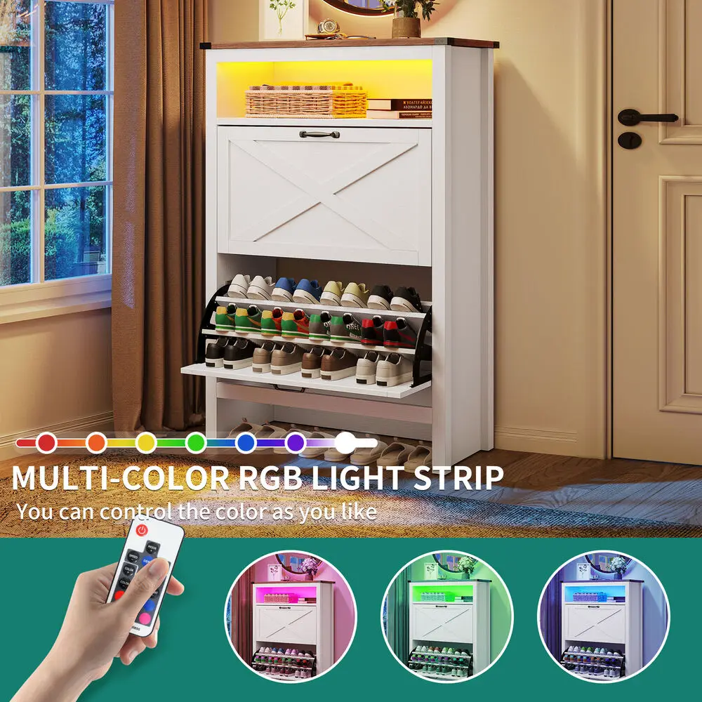 LED Shoe Cabinet with 2 Flip Drawers Entryway Modern Shoe Storage Rack Organizer