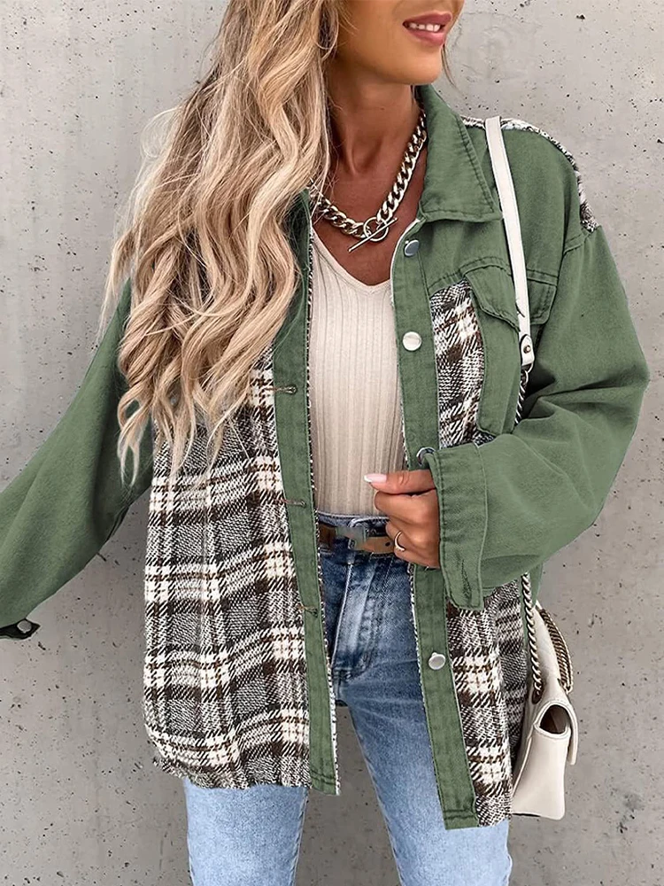 Plaid Shirts Jacket Women Vintage Loose Denim Jacket Female Fashion Retro Button Long Sleeve Jean Jacket Ladies Casual Outwear