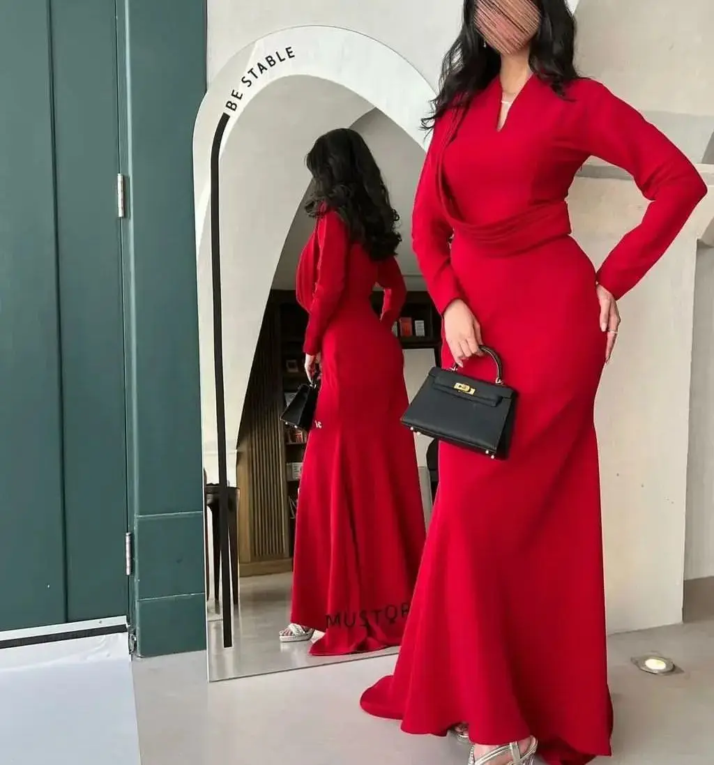 

Saudi Arabia Elegant Evening Dress Red Mermaid Prom Gowns Floor-Length Long Sleeves Formal Occasion Wedding Party Dress V Neck