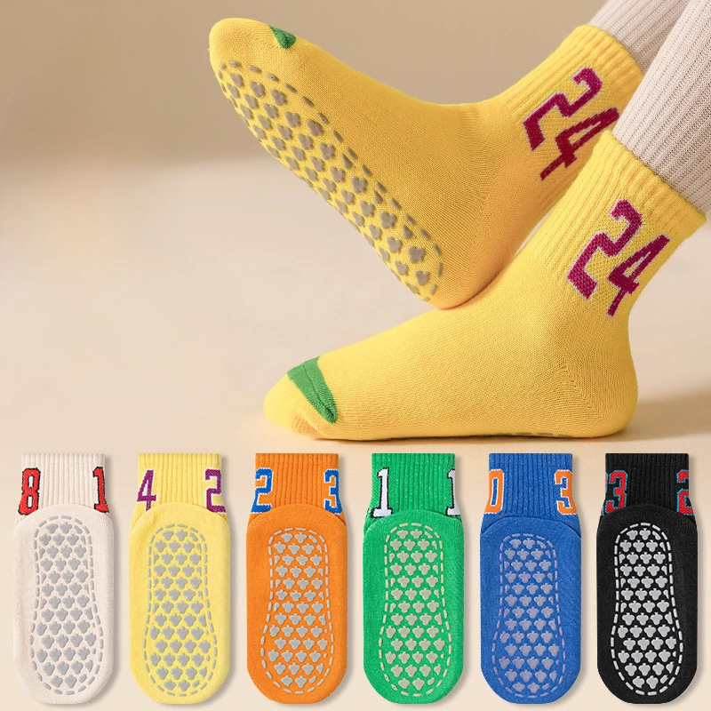 6 Pairs of Children\'s Socks Non-slip Glue Floor Trampoline Four Seasons Simple Letter Trend Student Indoor Yoga Socks