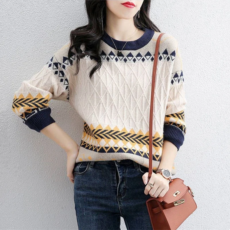 

Vintage Print Long Sleeve Sweater Pullover Women Autumn Winter Warm Knitted Jacquard Sweaters Loose Fit O-Neck Knitting Jumpers