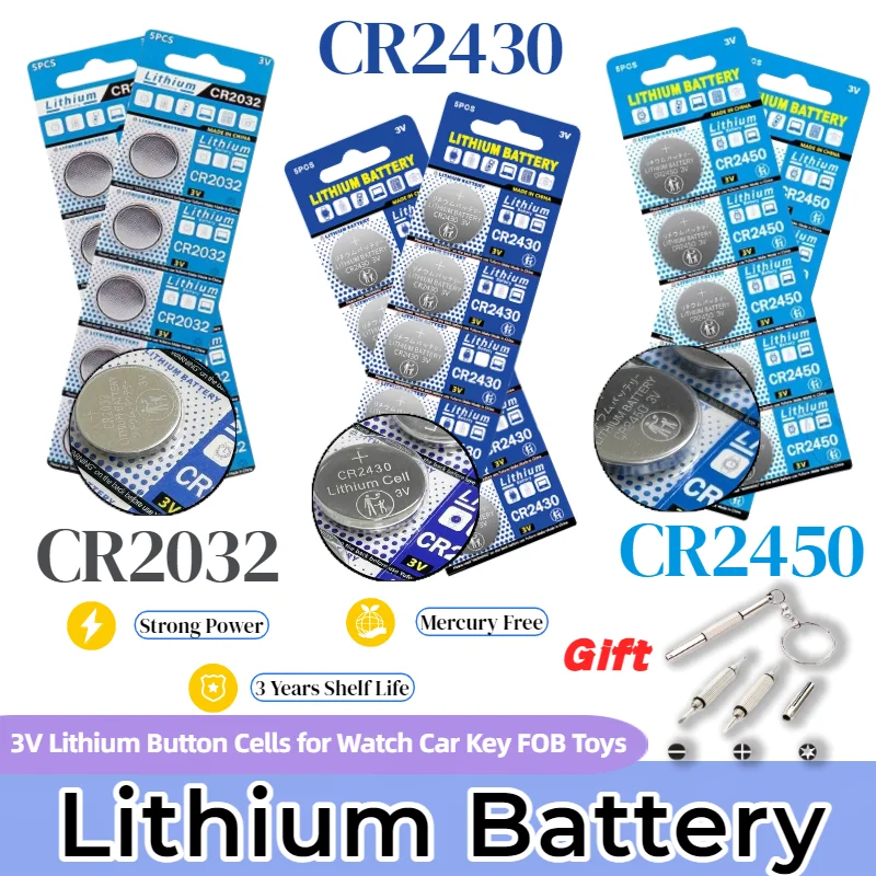

CR2032 CR2430 CR2450 3V Lithium Coin Batteries for Car Key FOB, Watch, Toys, Thermometer, Motherboard, Scale - High Power