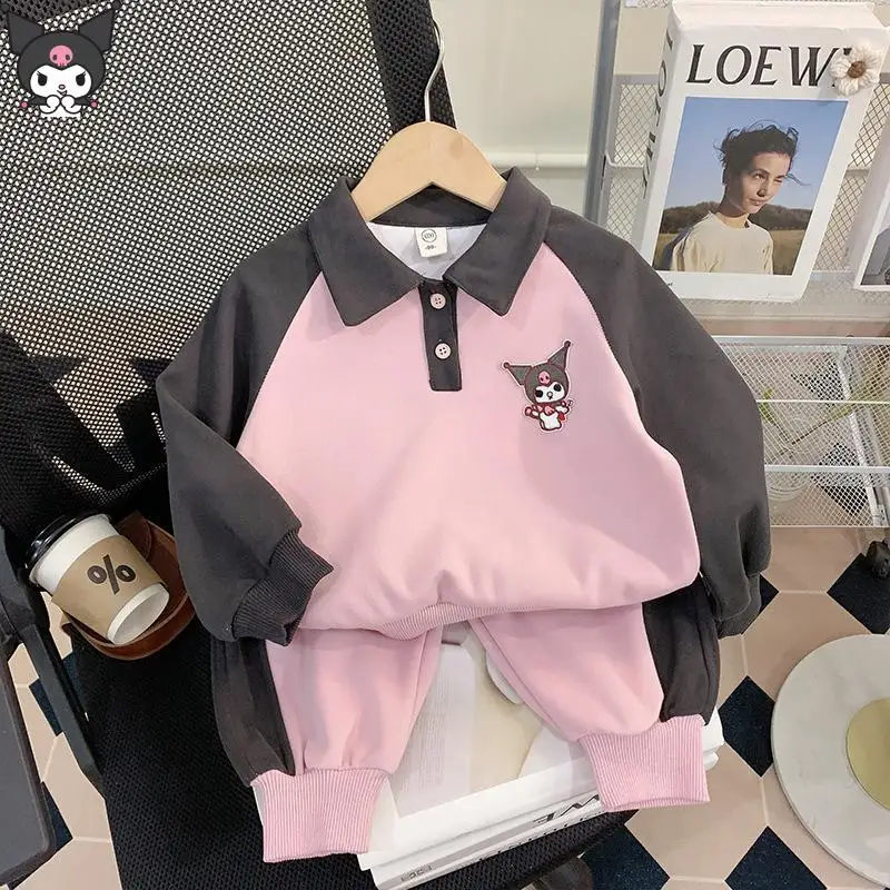 

Sanrio Kuromi детский комплект с длинными рукавами в стиле аниме, кавайная футболка с героями мультфильмов, брюки, весна и осень, новый стиль, повседневная мода, милая