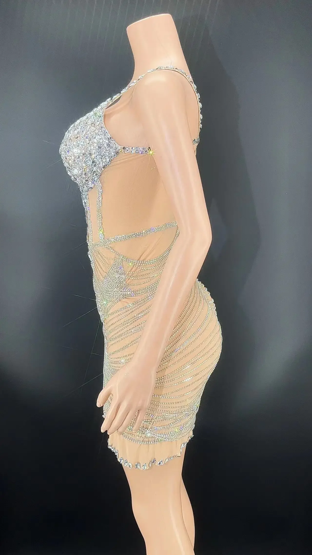 새로운 메쉬 실버 라인 석 미니 드레스 크리스탈 프린지 복장 생일 축하 섹시한 무대 의상 공연 여성 댄서