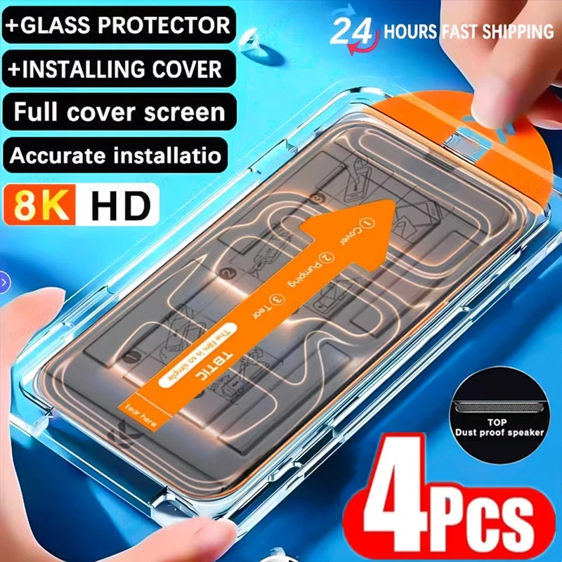 

4Pcs Dust Free Installation Screen Protector for IPhone 14 11 12 13 15 16 17 Pro Max Mini 7 8 14 15 16 Plus XR XS Tempered Glass