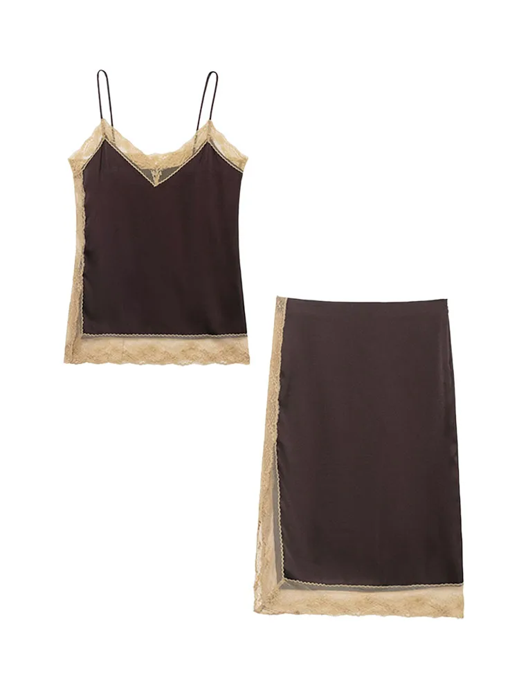 

HH New Woman Summer Fashion Silk Satin Texture Lace Decoration V Collar Sexy Halter Top +Long Skirt Female Casual Two Piece Set