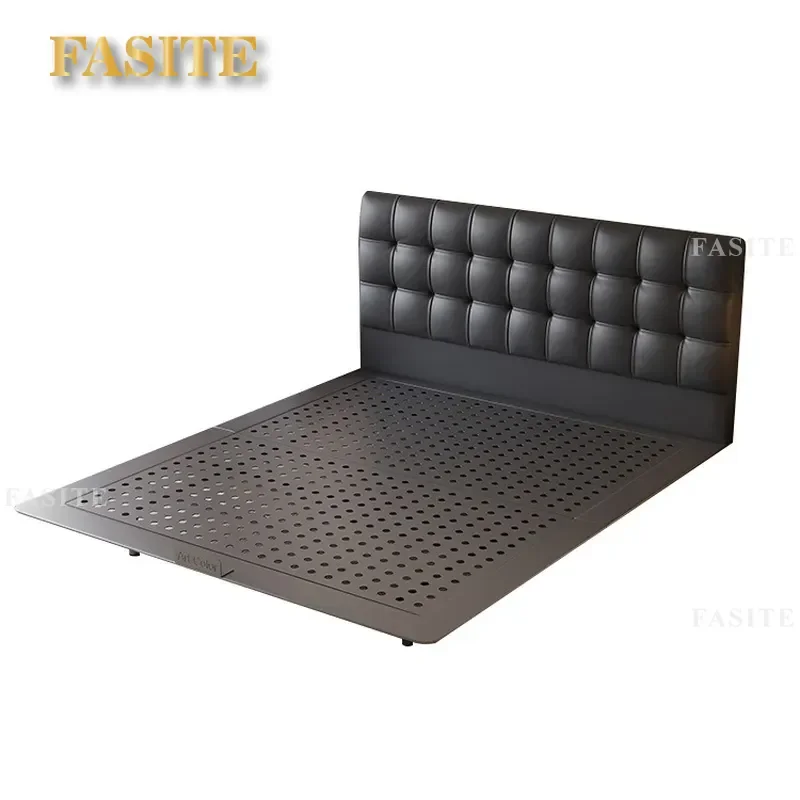 For Waffle Carbon Steel Bed Frame Black Leather Upholstered Double Bed Medium Ancient Style Soft Bag Master Bedroom Small