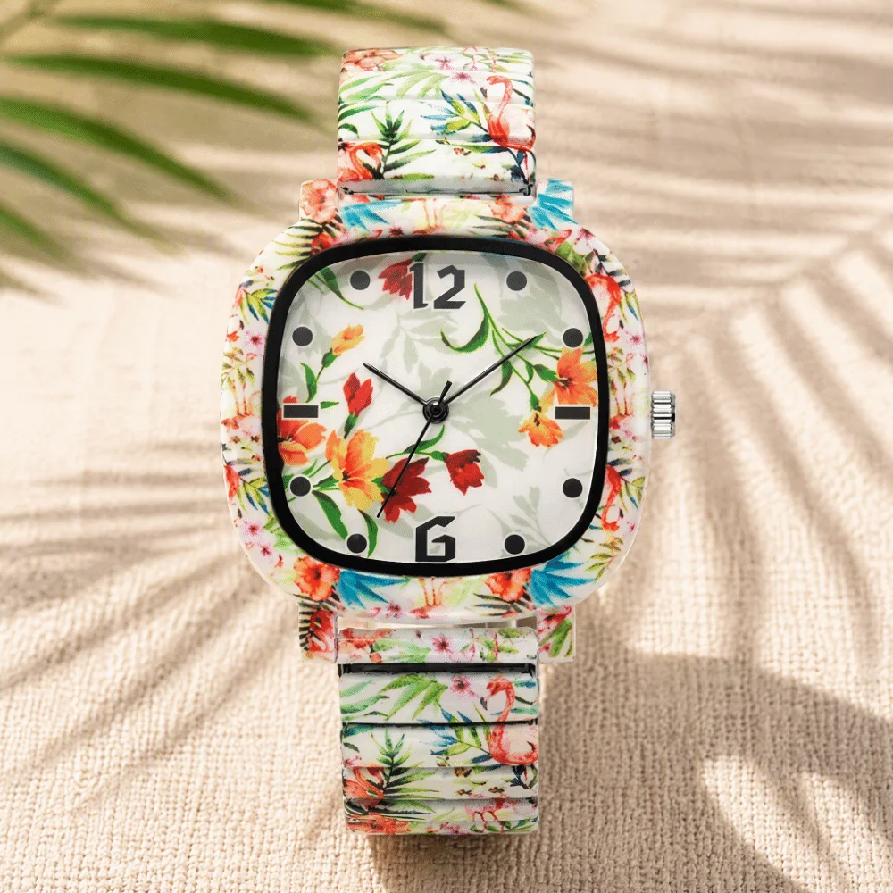 Stainless Steel Quartz Bracelet Watch Elastic Rainbow Gradient Square Wristwatch Floral Printed Colorful Stretch Strap Watch