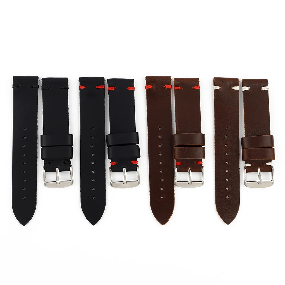 Genuine Leather Strap Watch Accessories Handmade Stitched Watchbands 18mm 20mm 22mm Coffee Black Watch Bracelets Band